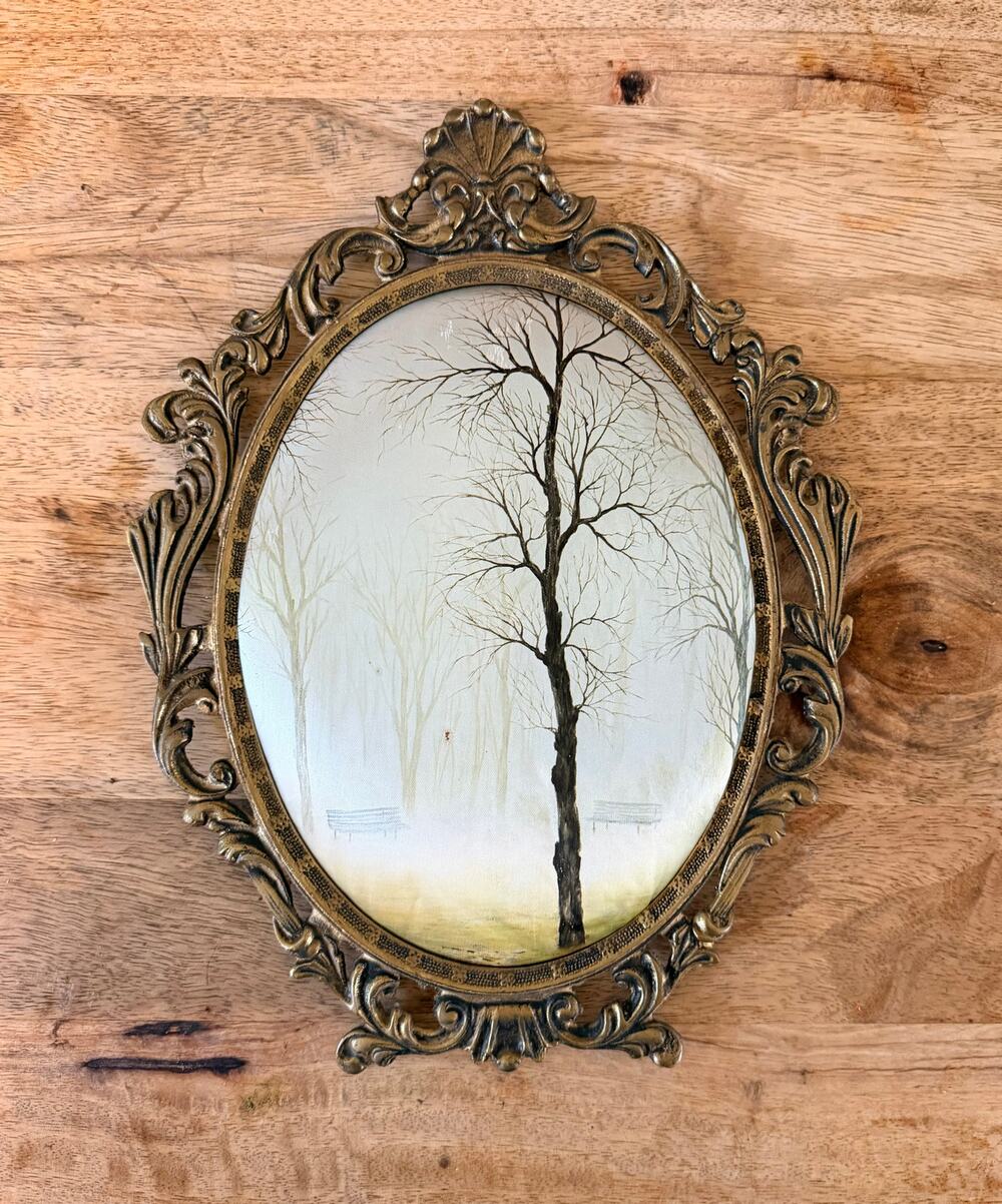 Vintage Italian Florentine Silk Painting - 12x9" Gold Rococo Winter Tree Frame